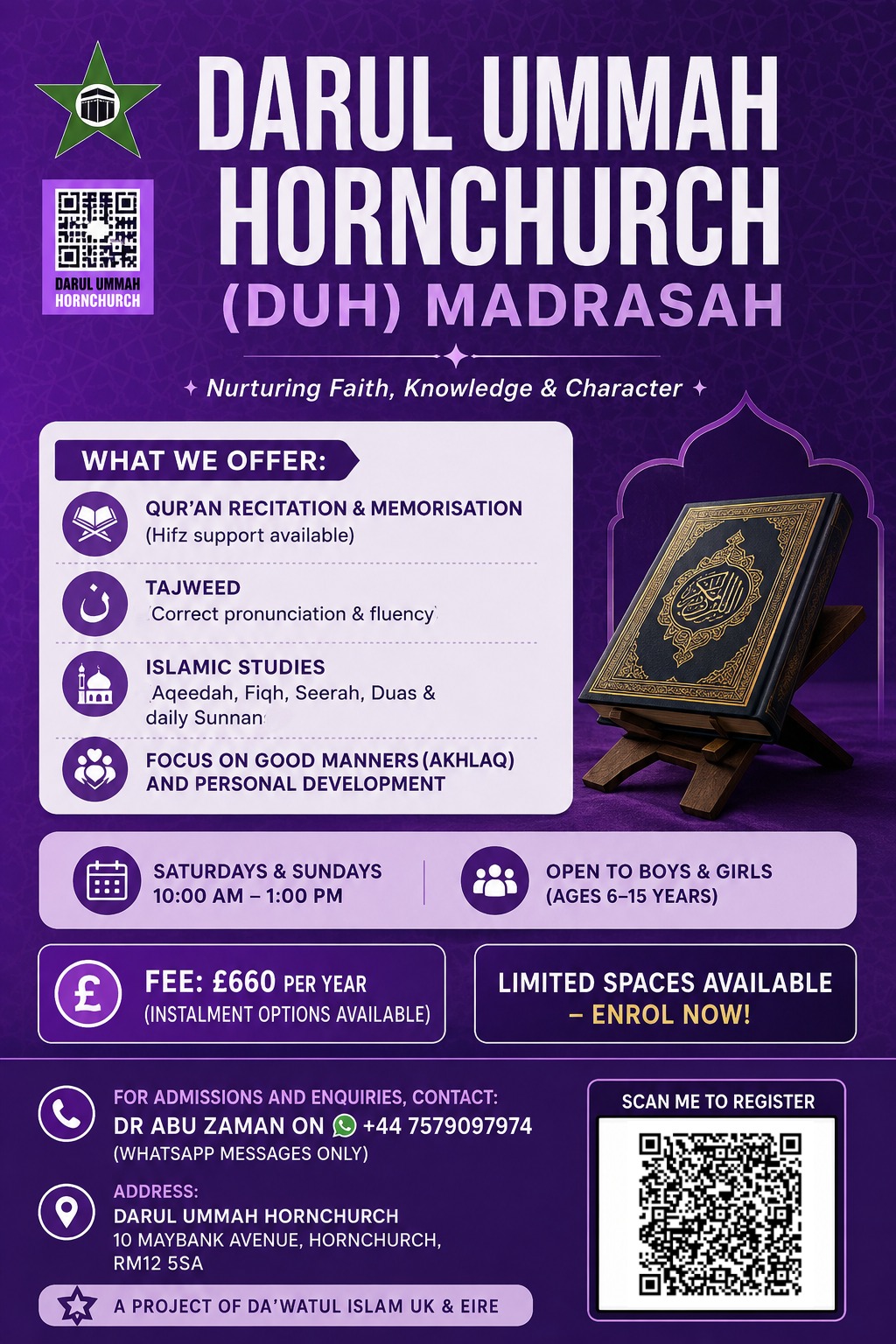 Darul Ummah Hornchurch Madrasah poster — Qur'an, Tajweed and Islamic Studies for children